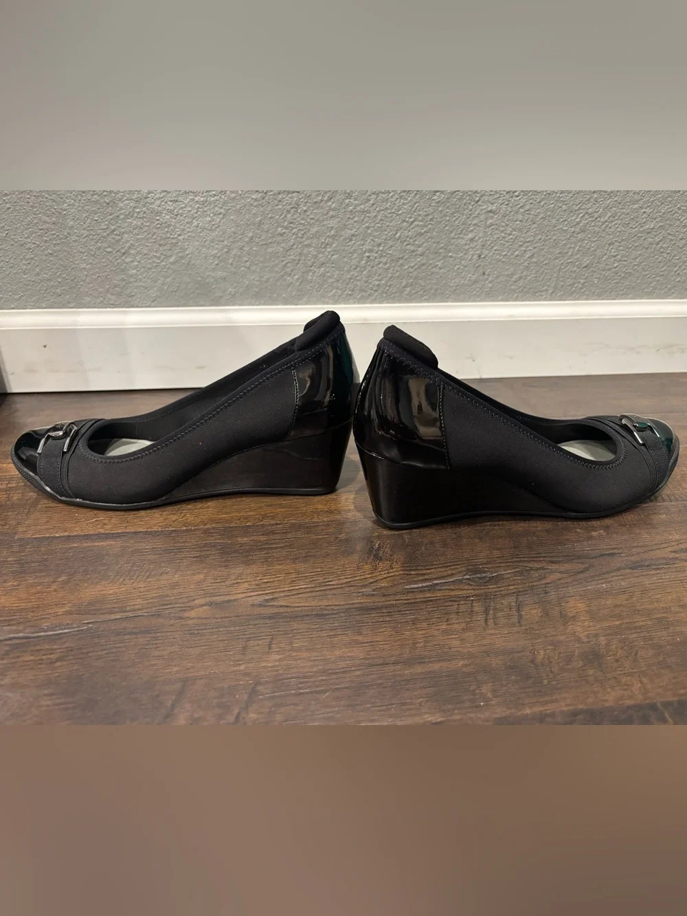 Anne Klein Sport Black Wedge Pumps with Patent Toe and Buckle
